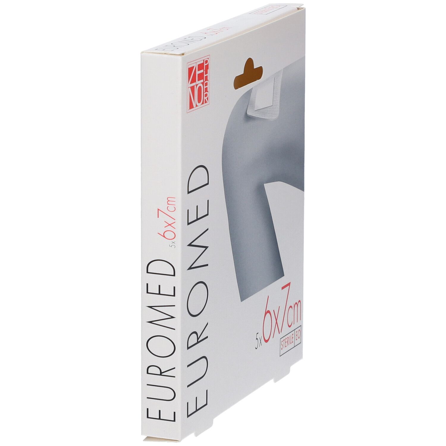 Euromed Wundverband-Verpackung, Seitenansicht. Text: 5x6x7cm. Marke und Logo sichtbar.