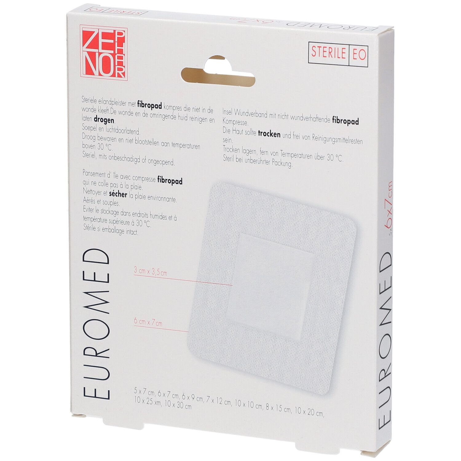 Rückseite der Euromed Wundverband-Verpackung. Produktinformationen und Größenangaben.