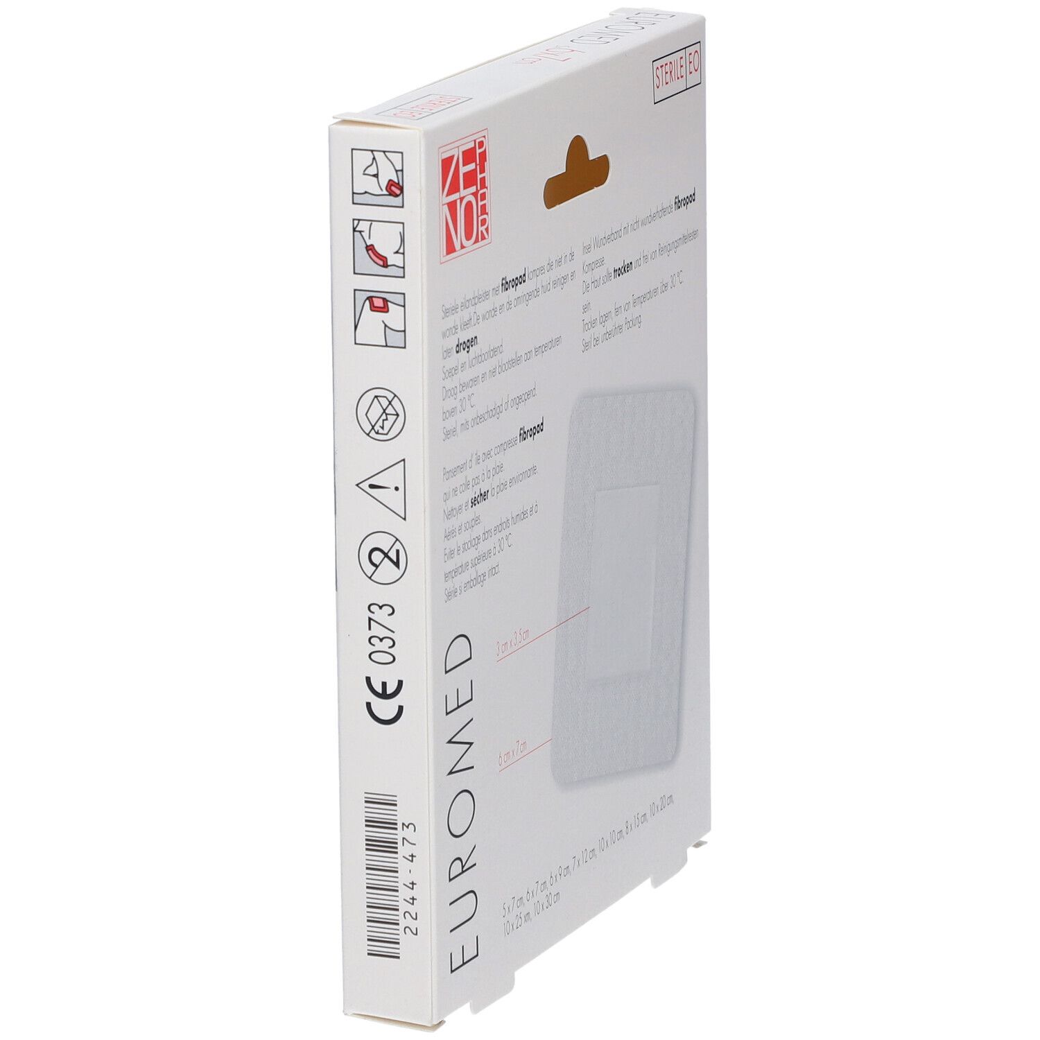 Seitenansicht der Euromed Wundverband-Verpackung. Text und Symbole. CE-Kennzeichnung.