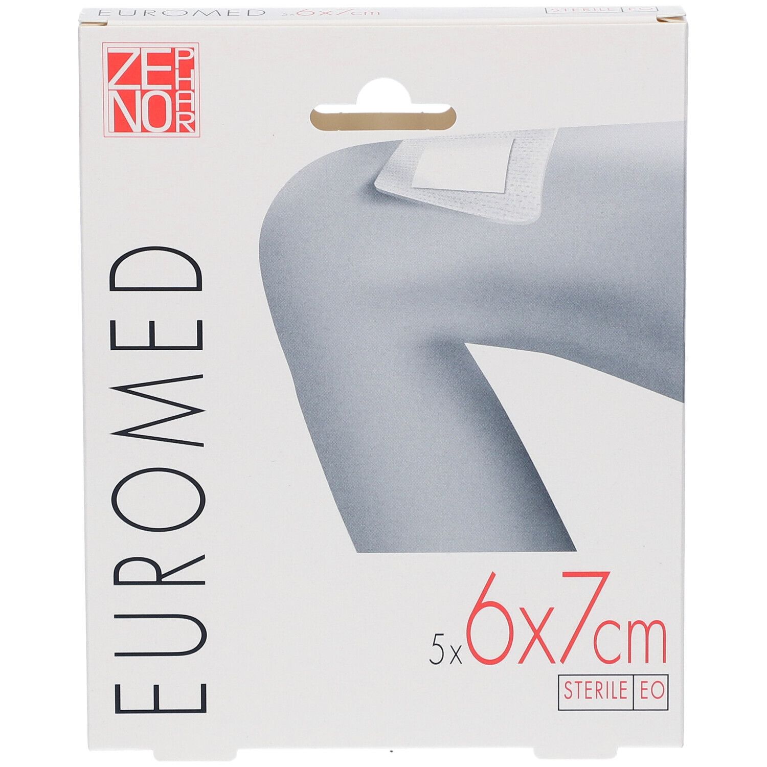 Euromed Wundverband-Verpackung. Zeigt einen Verband auf einer Abbildung. Größe: 5x6x7cm.