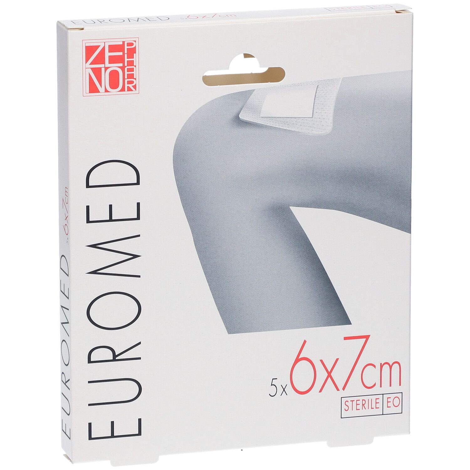 Euromed Wundverband-Verpackung. Zeigt einen Verband auf einer Abbildung. Größe: 5x6x7cm.