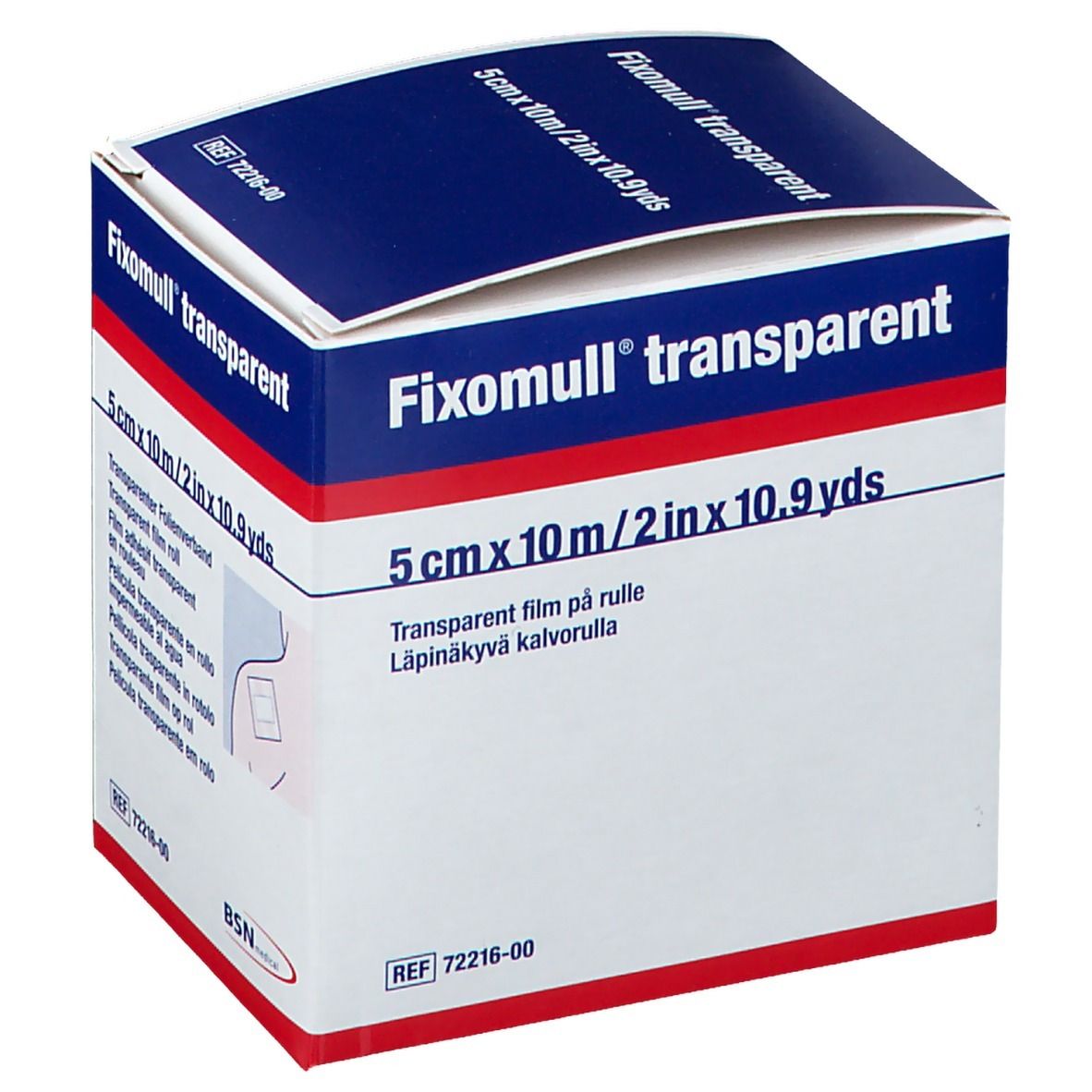 Boîte de Fixomull® transparent. Inscription : 5 cm x 10 m. Film transparent en rouleau.