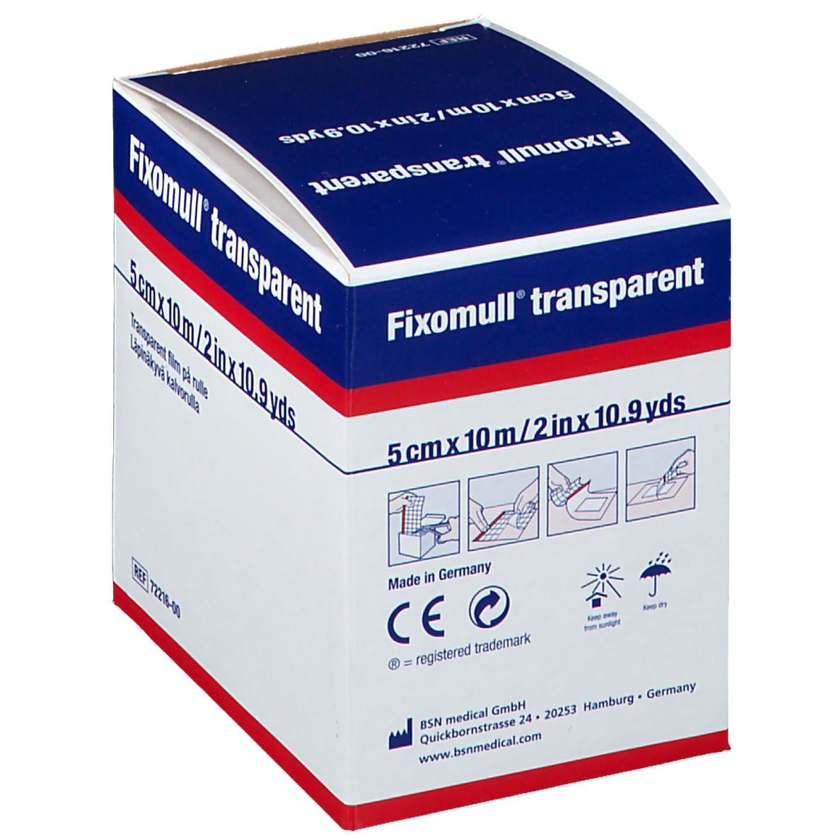 Boîte de Fixomull® transparent. Inscription : 5 cm x 10 m. Avec marquage CE. Fabriqué en Allemagne.