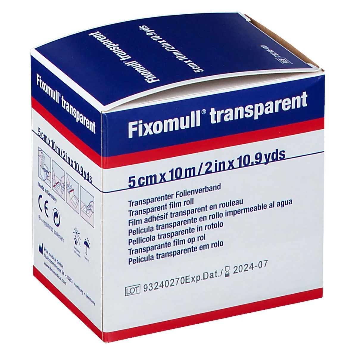 Boîte de Fixomull® transparent. Inscription : 5 cm x 10 m. Date de péremption 2024-07.