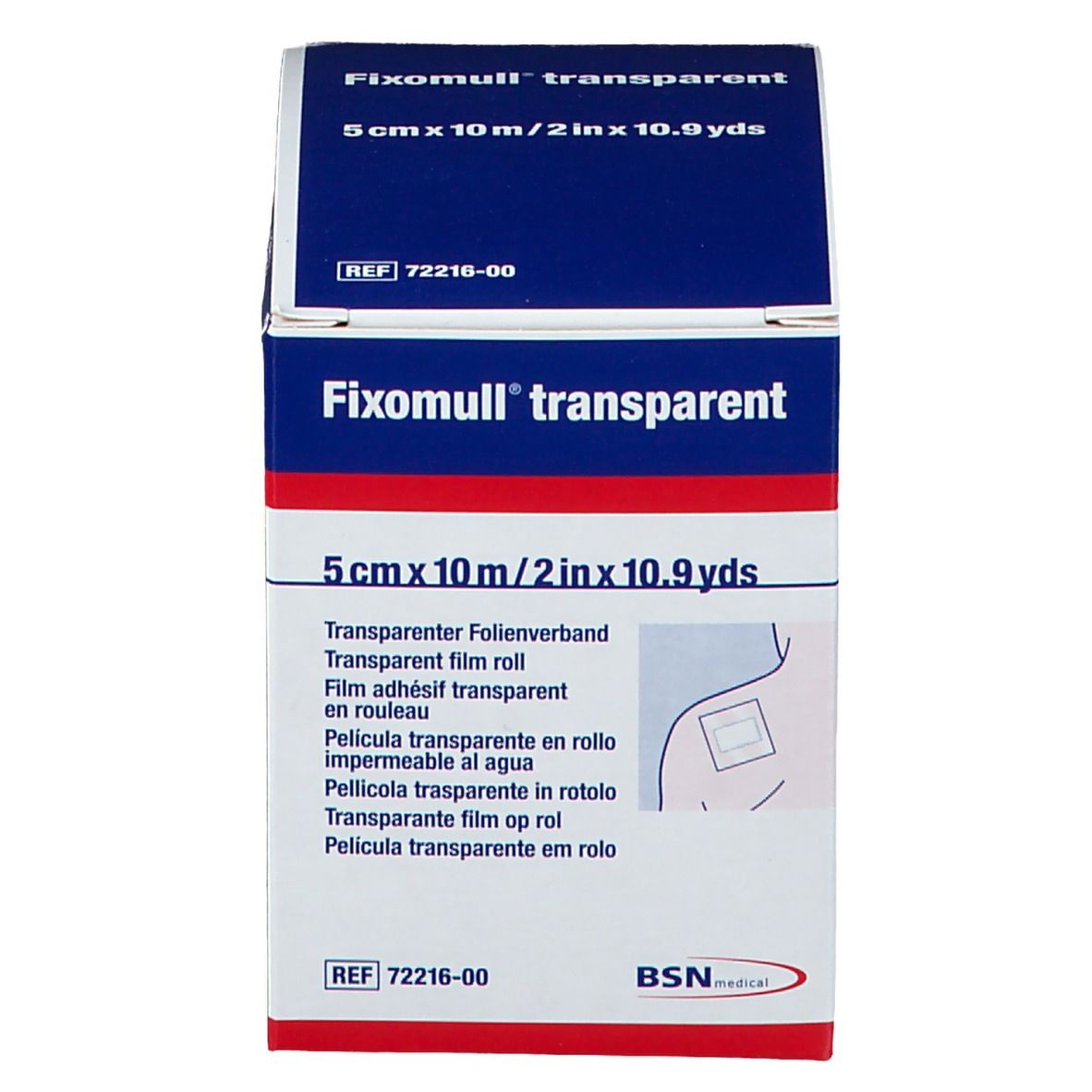 Boîte de Fixomull® transparent. Inscription : 5 cm x 10 m. Pansement film transparent.