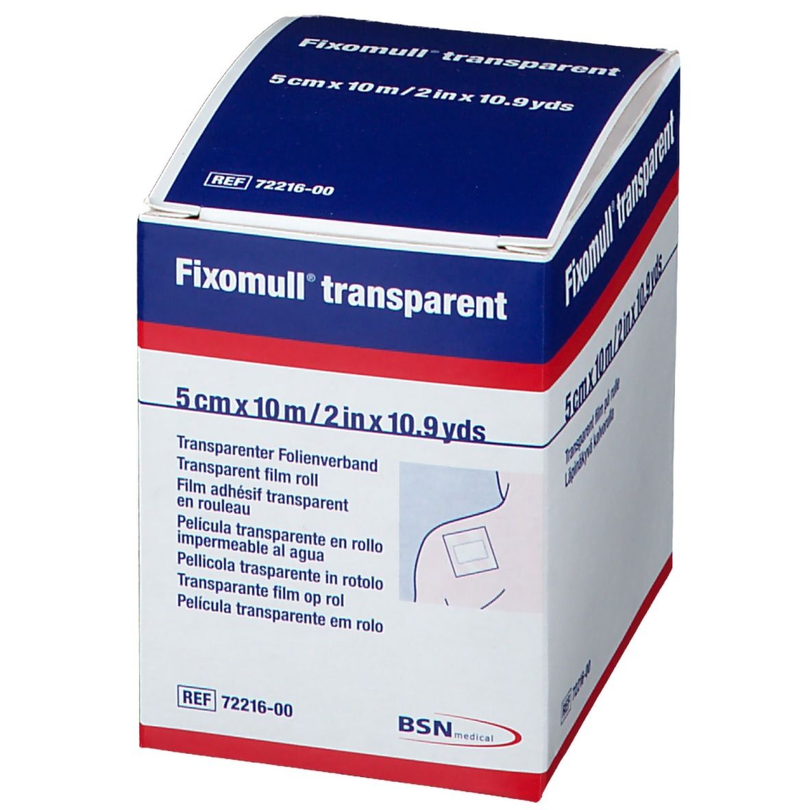 Boîte de Fixomull® transparent. Inscription : 5 cm x 10 m. Pansement film transparent.