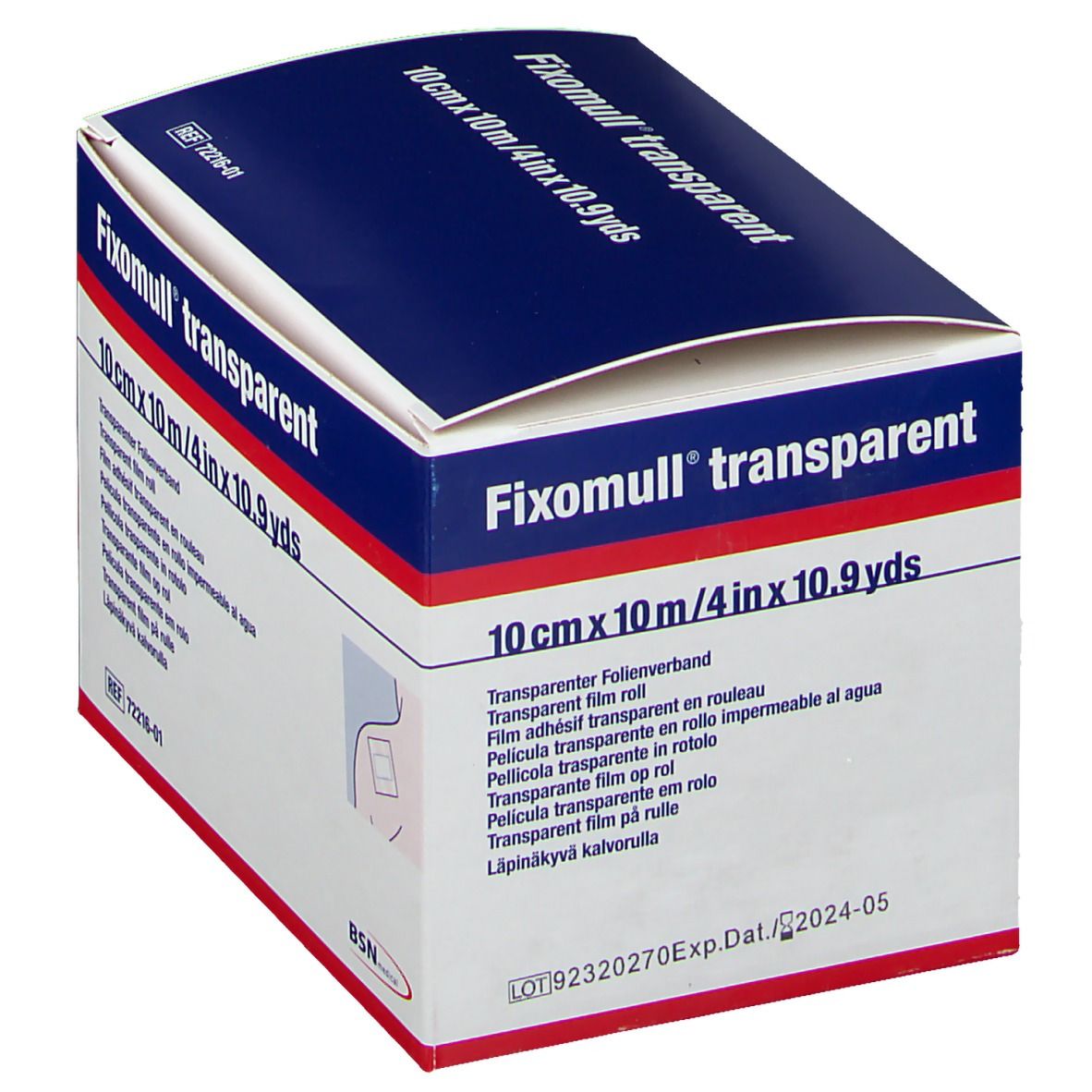 Fixomull transparent Verpackung. Produktname und Maße: 10 cm x 10 m. Weiße Schachtel mit blauer Oberseite und roter Umrandung. Haltbarkeitsdatum.