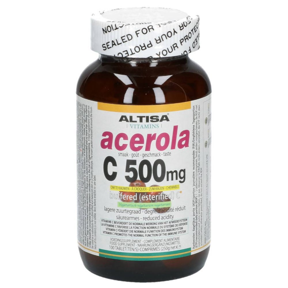 Flacon en verre brun ALTISA Acerola C 500mg. Étiquette blanche avec informations produit. Bouchon avec sceau de sécurité.
