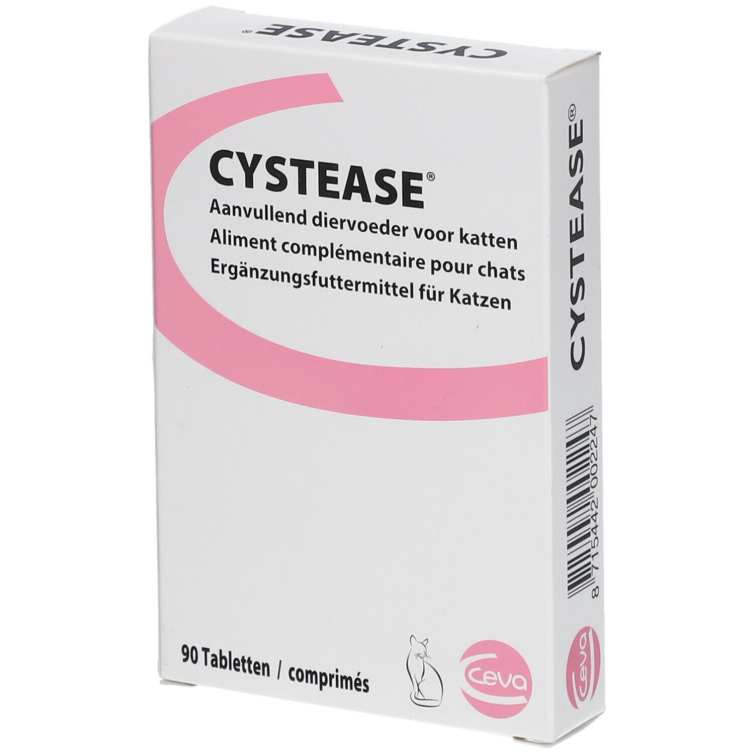 Boîte blanche avec accents roses. Inscription CYSTEASE®. Contient 90 comprimés. Logo Ceva. Texte en allemand, français et néerlandais.