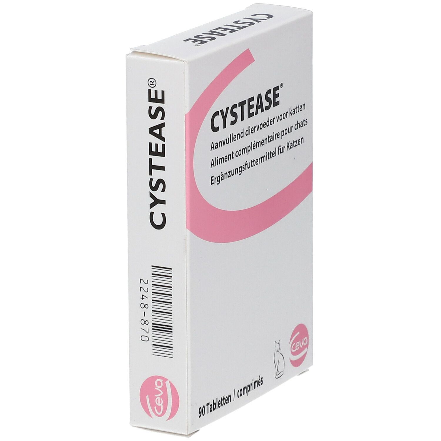Boîte blanche avec accents roses. Inscription CYSTEASE®. Logo Ceva. Code-barres et texte en allemand, français et néerlandais.
