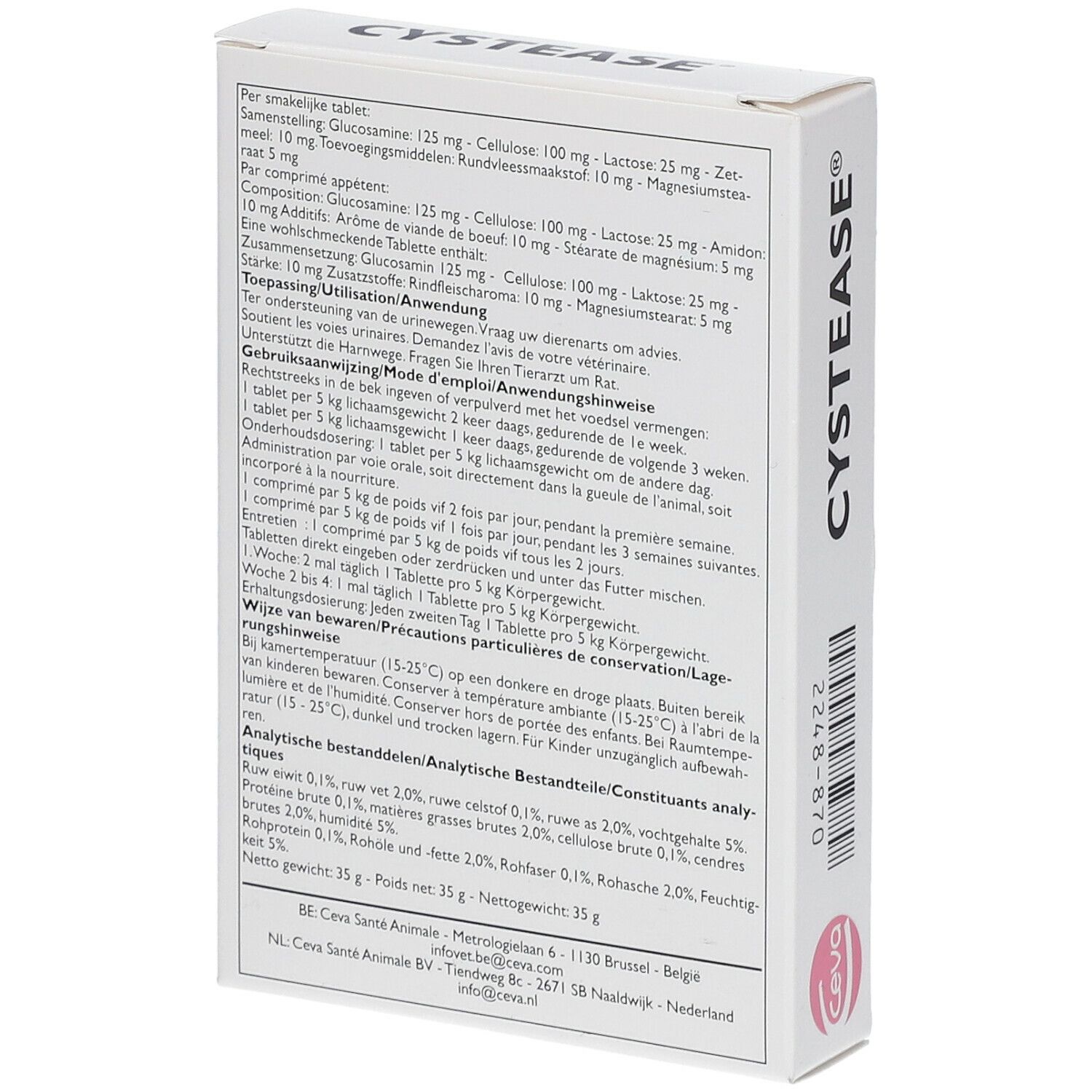 Dos d'une boîte blanche. Texte en plusieurs langues. Contient des informations sur les ingrédients et l'utilisation. Logo Ceva.