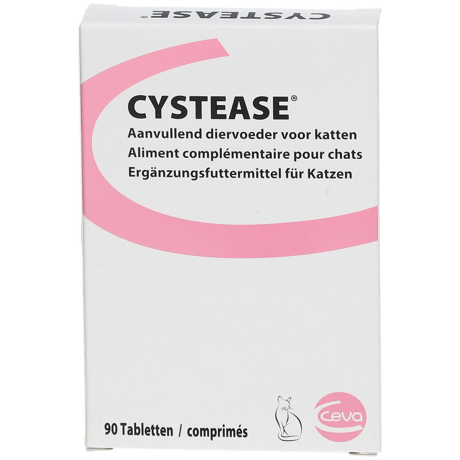 Boîte blanche avec accents roses. Inscription CYSTEASE®. Contient 90 comprimés. Logo Ceva. Texte en allemand, français et néerlandais.
