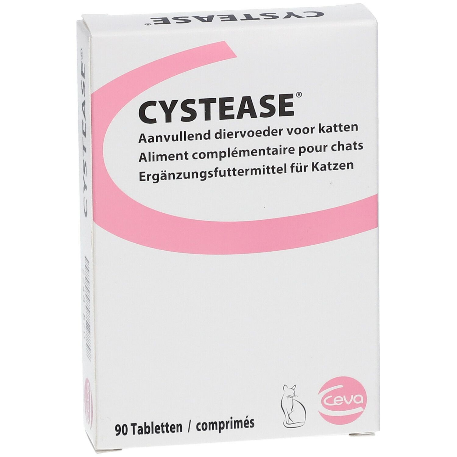 Boîte blanche avec accents roses. Inscription CYSTEASE®. Contient 90 comprimés. Logo Ceva. Texte en allemand, français et néerlandais.