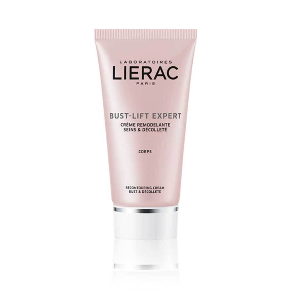 Roze tube met witte dop. Opschrift: LIERAC, BUST-LIFT EXPERT, Crème Remodelante, Corps.