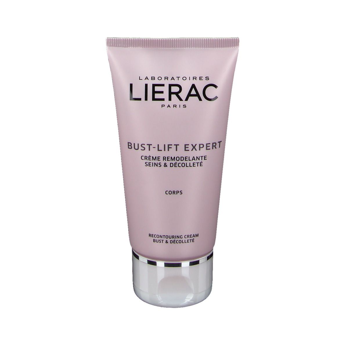 Roze tube met witte dop. Opschrift: LIERAC, BUST-LIFT EXPERT, Crème Remodelante, Corps.