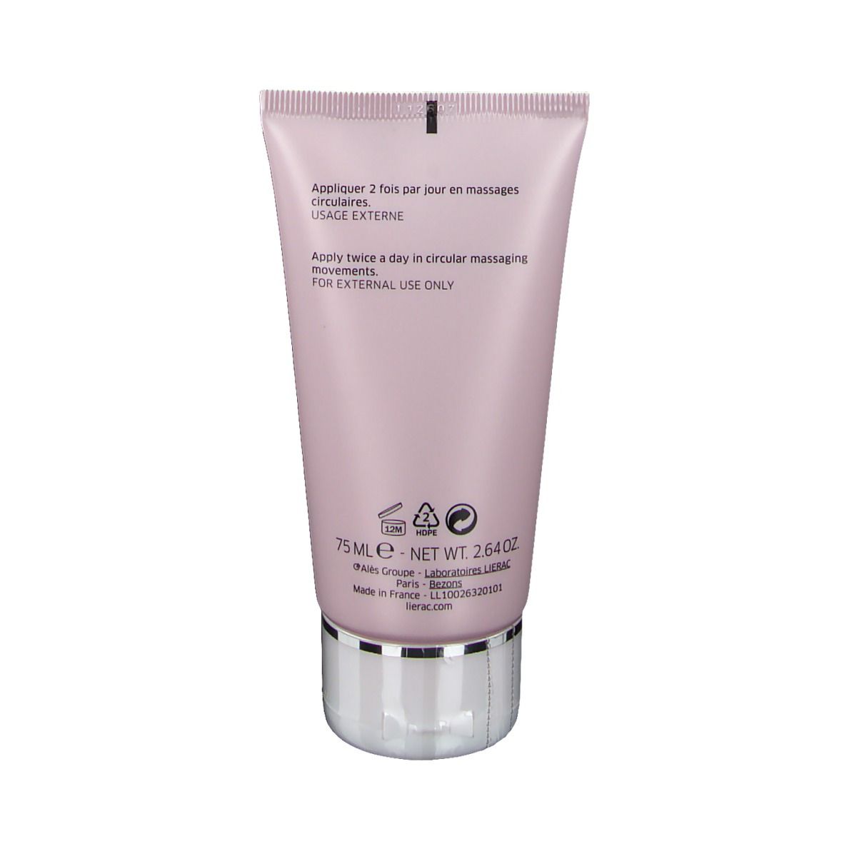Achterkant van een roze tube. Tekst: gebruiksaanwijzing, ingrediënten, 75 ml, Net Wt. 2.64 oz.