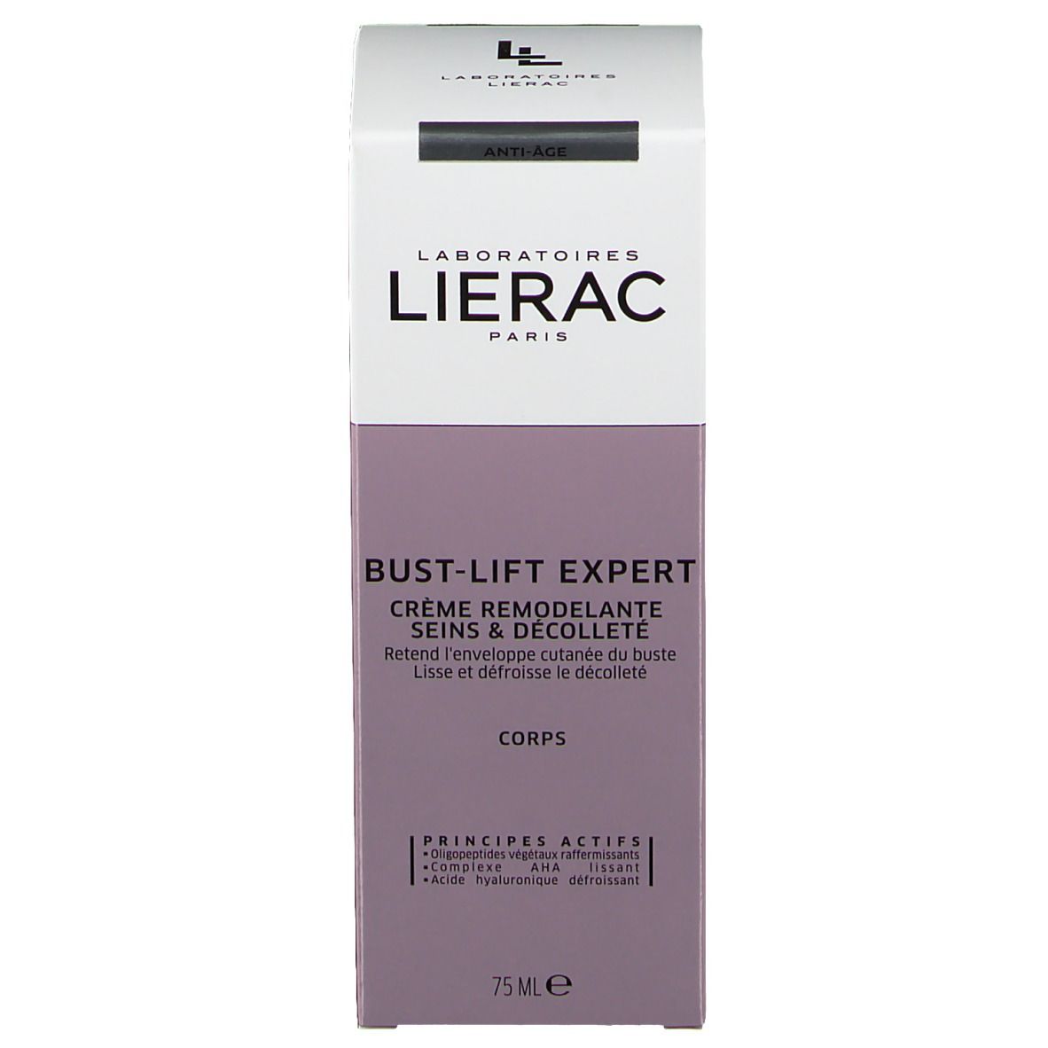 Witte en paarse doos. Opschrift: LIERAC, BUST-LIFT EXPERT, Crème Remodelante, Corps, 75 ml.