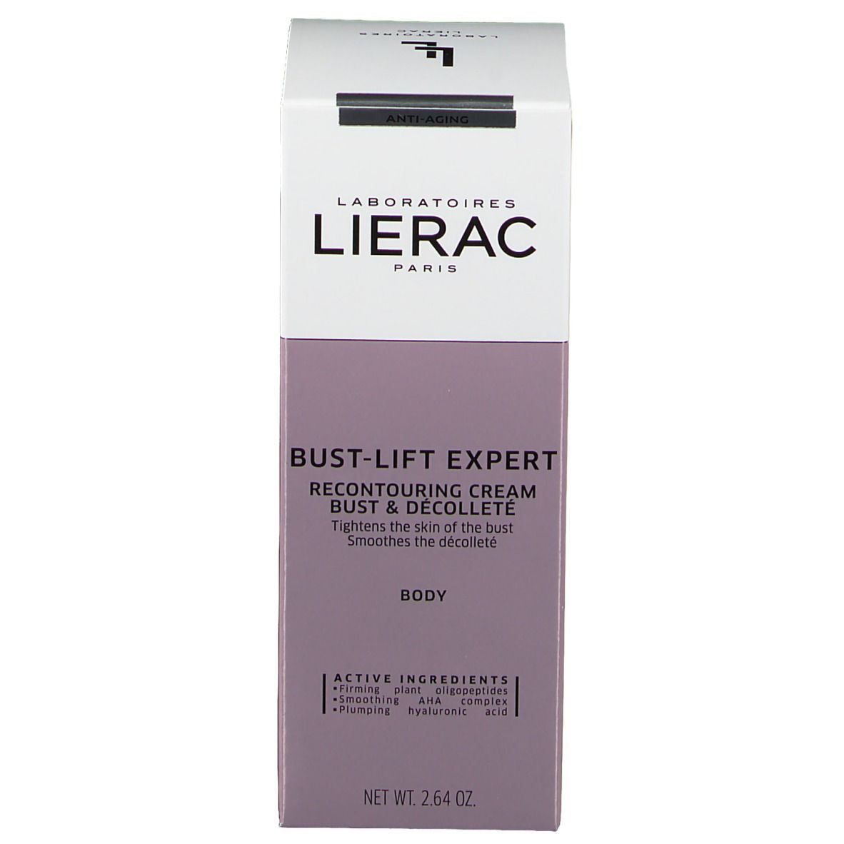 Voorkant van een wit-paarse doos. Opschrift: LIERAC, BUST & DÉCOLLETÉ, Body, Net Wt. 2.64 oz.