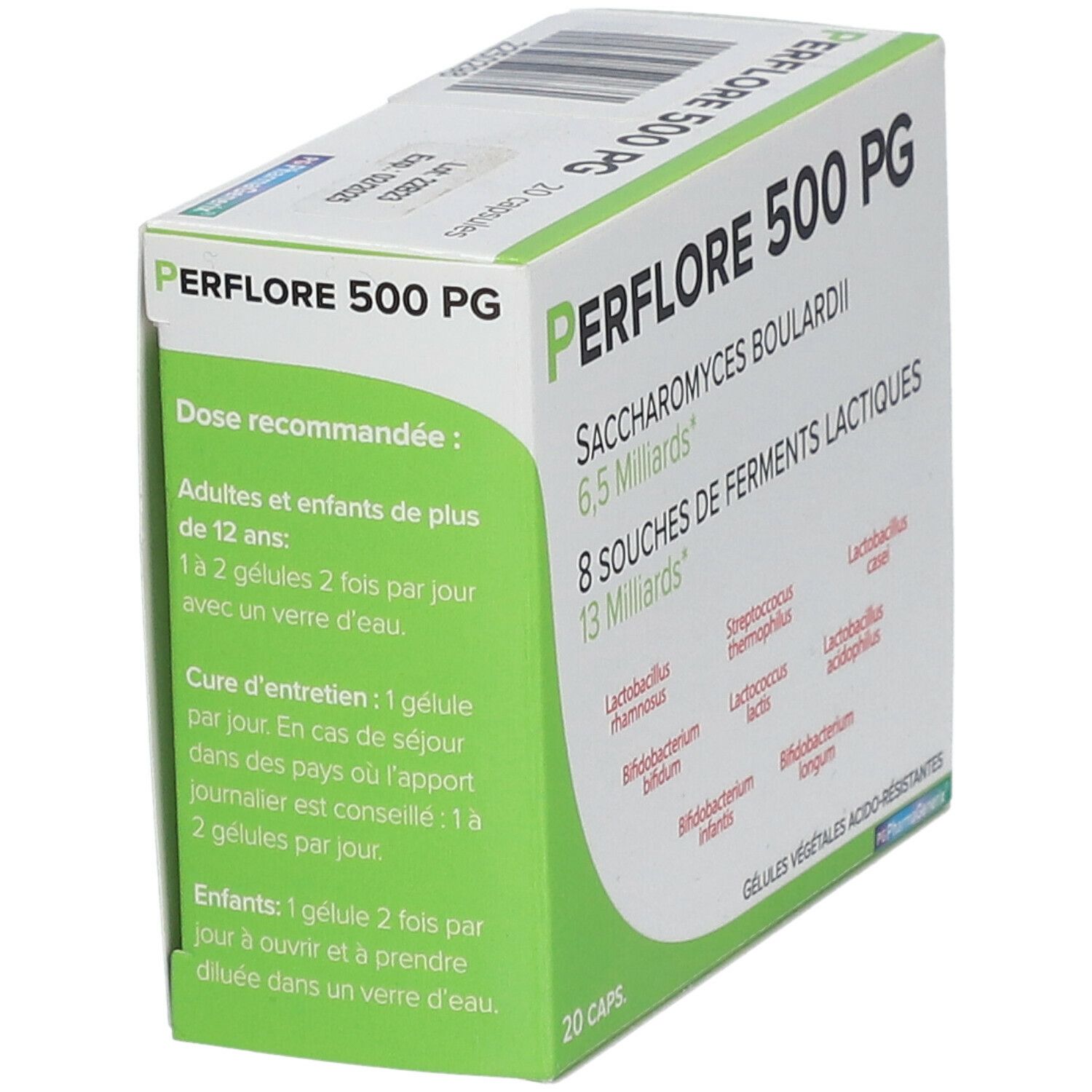 Boîte Periflore 500 PG. Contient 20 gélules. Inscriptions : 6,5 milliards, 8 souches, 13 milliards. Instructions.