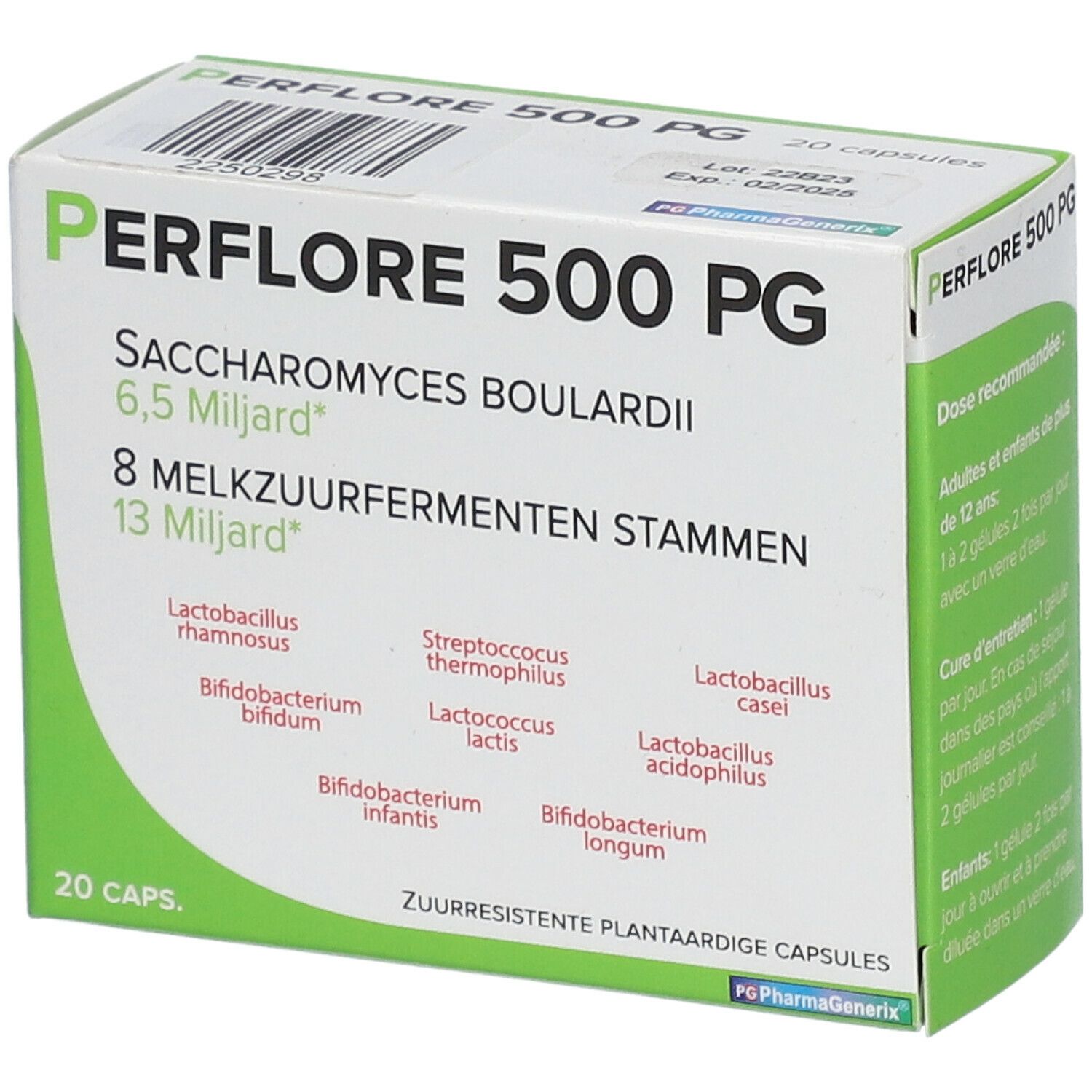 Boîte Periflore 500 PG. Contient 20 gélules. Inscriptions : 6,5 milliards, 8 souches, 13 milliards. Instructions.