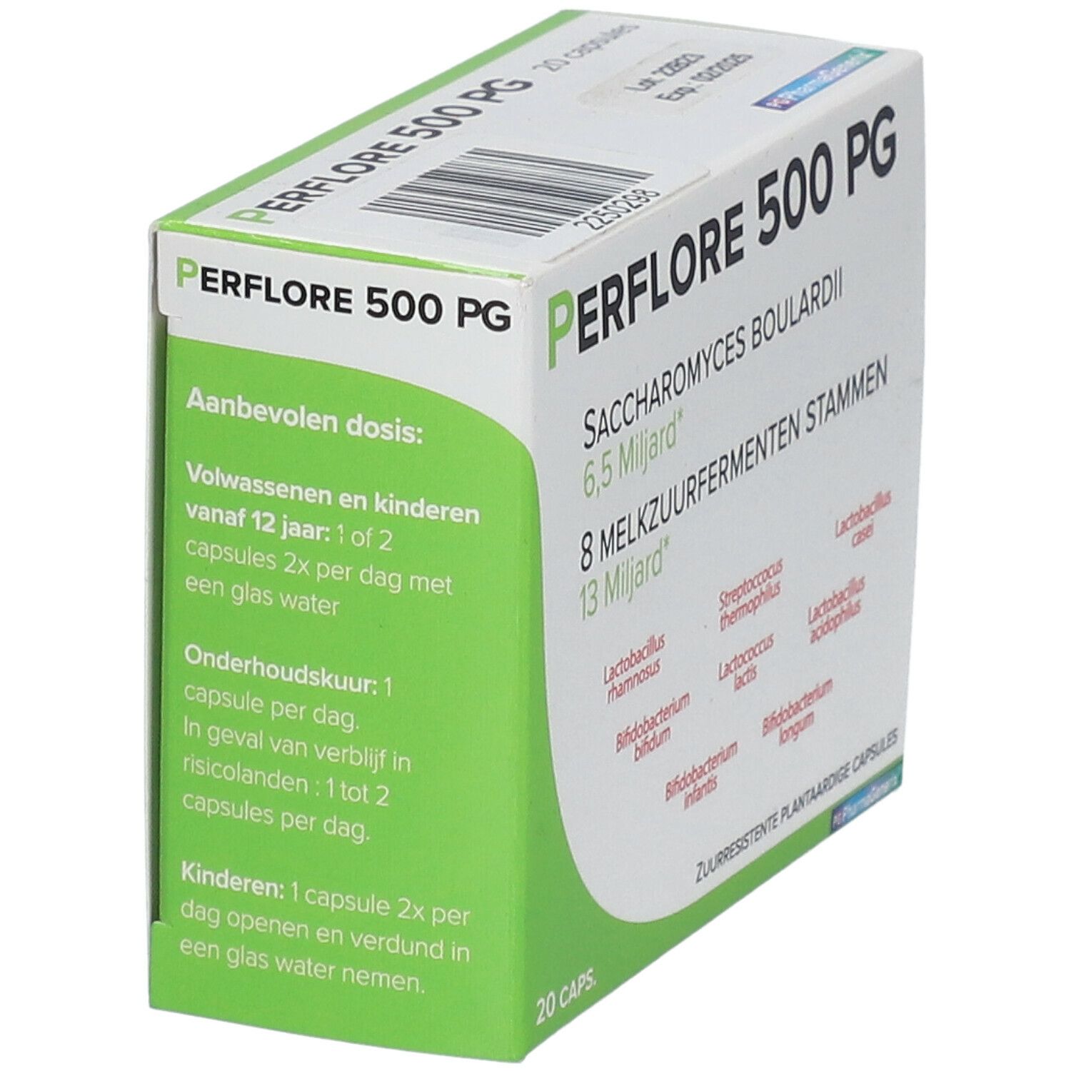 Boîte Periflore 500 PG. Contient 20 gélules. Inscriptions : 6,5 milliards, 8 souches, 13 milliards. Instructions.