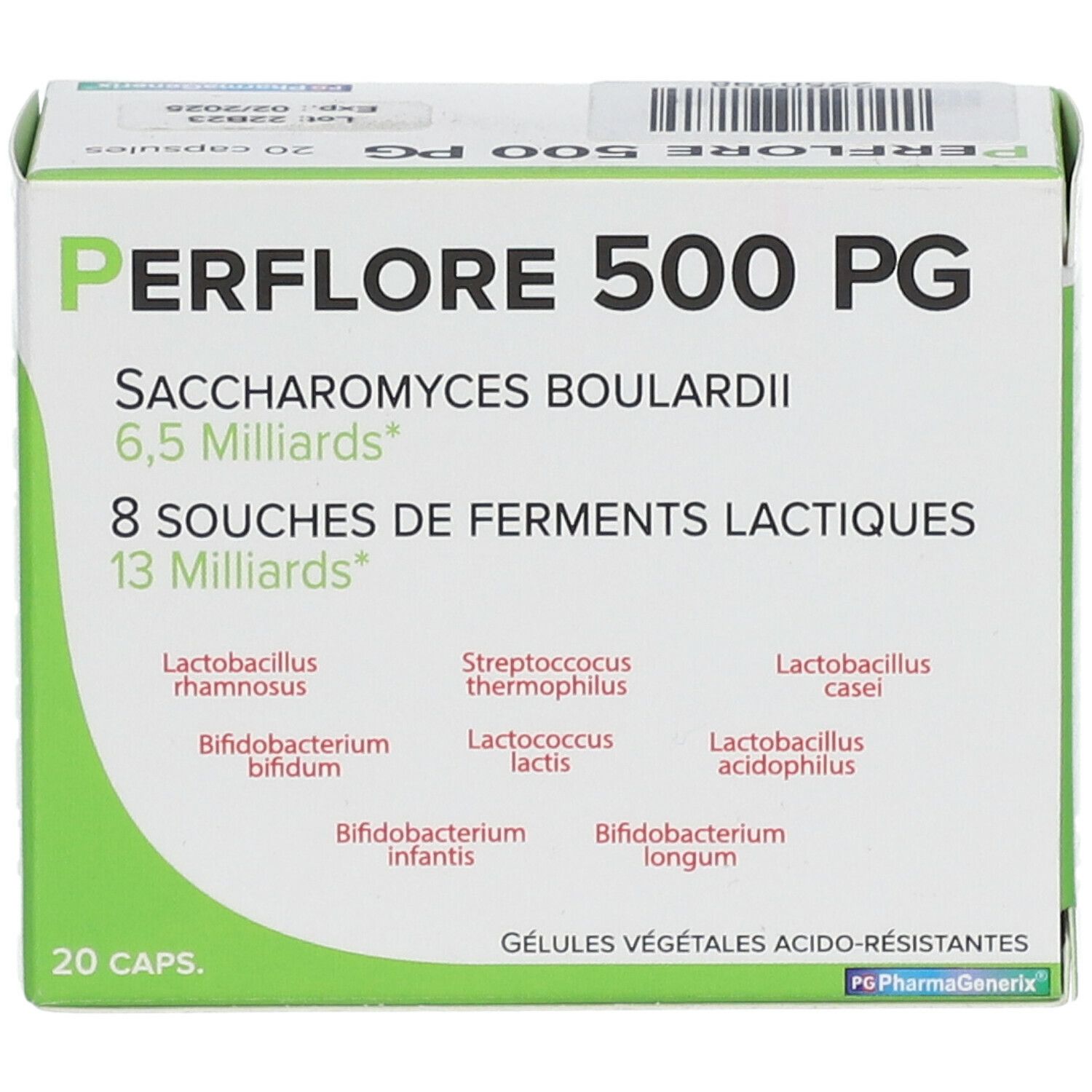 Boîte Periflore 500 PG. Contient 20 gélules. Inscriptions : 6,5 milliards, 8 souches, 13 milliards.