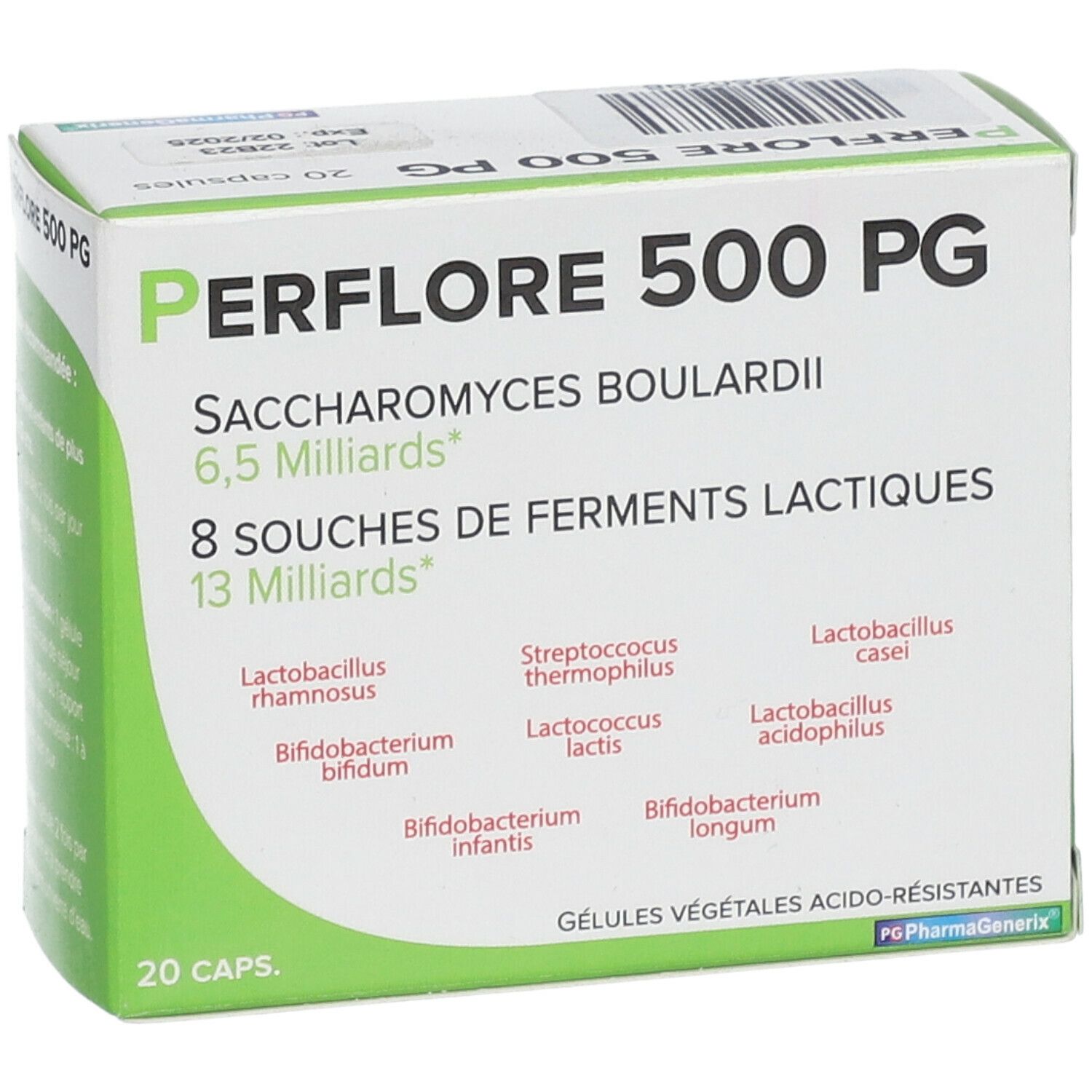 Boîte Periflore 500 PG. Contient 20 gélules. Inscriptions : 6,5 milliards, 8 souches, 13 milliards.