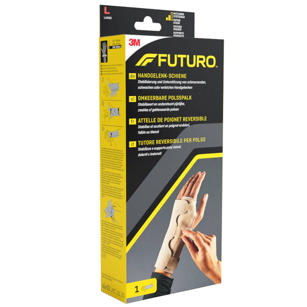 Attelle de poignet Futuro, taille L, en boîte. Illustration du produit avec exemples d'utilisation. Attelle beige.