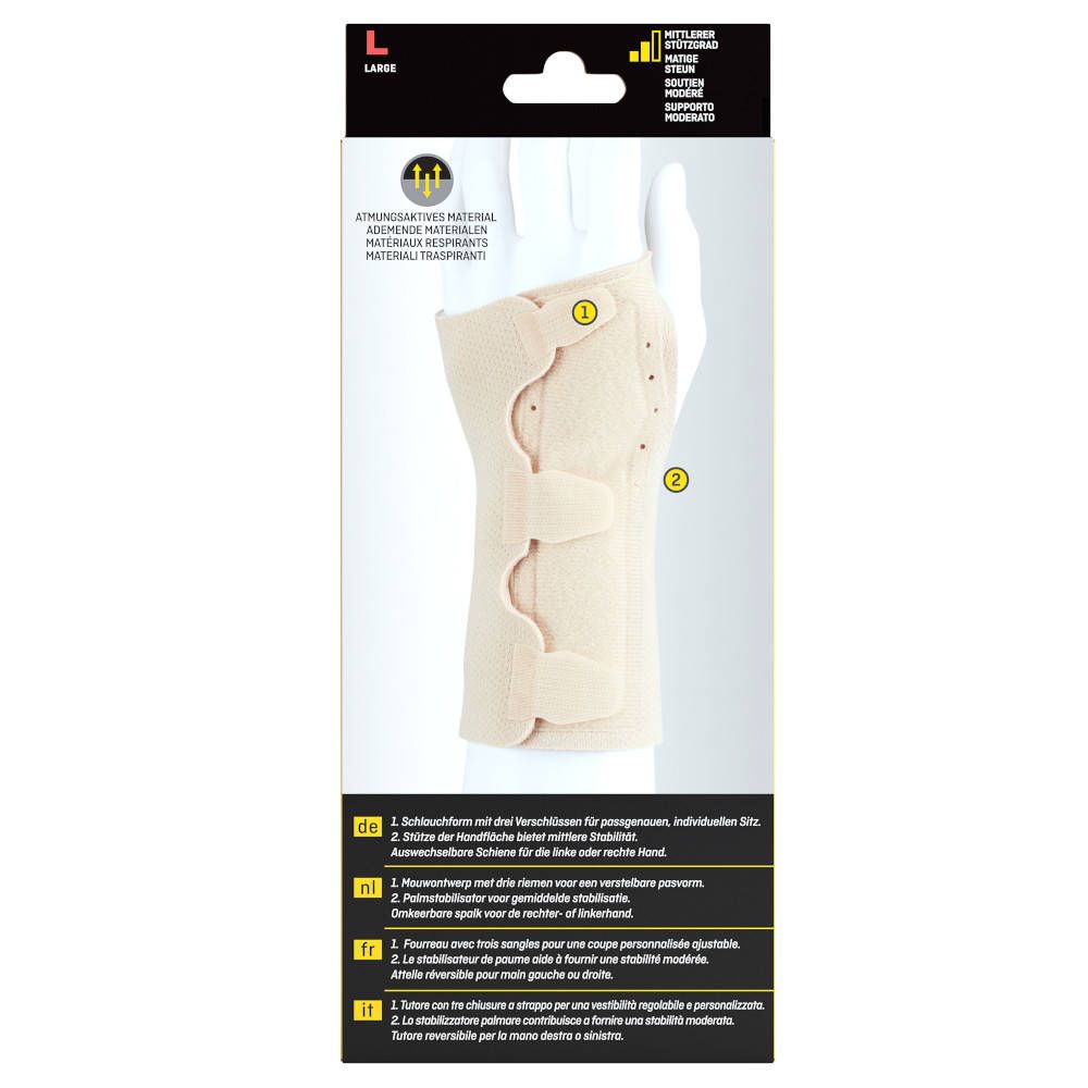 Dos de l'attelle de poignet Futuro. Attelle beige avec fermetures velcro. Caractéristiques et instructions du produit.