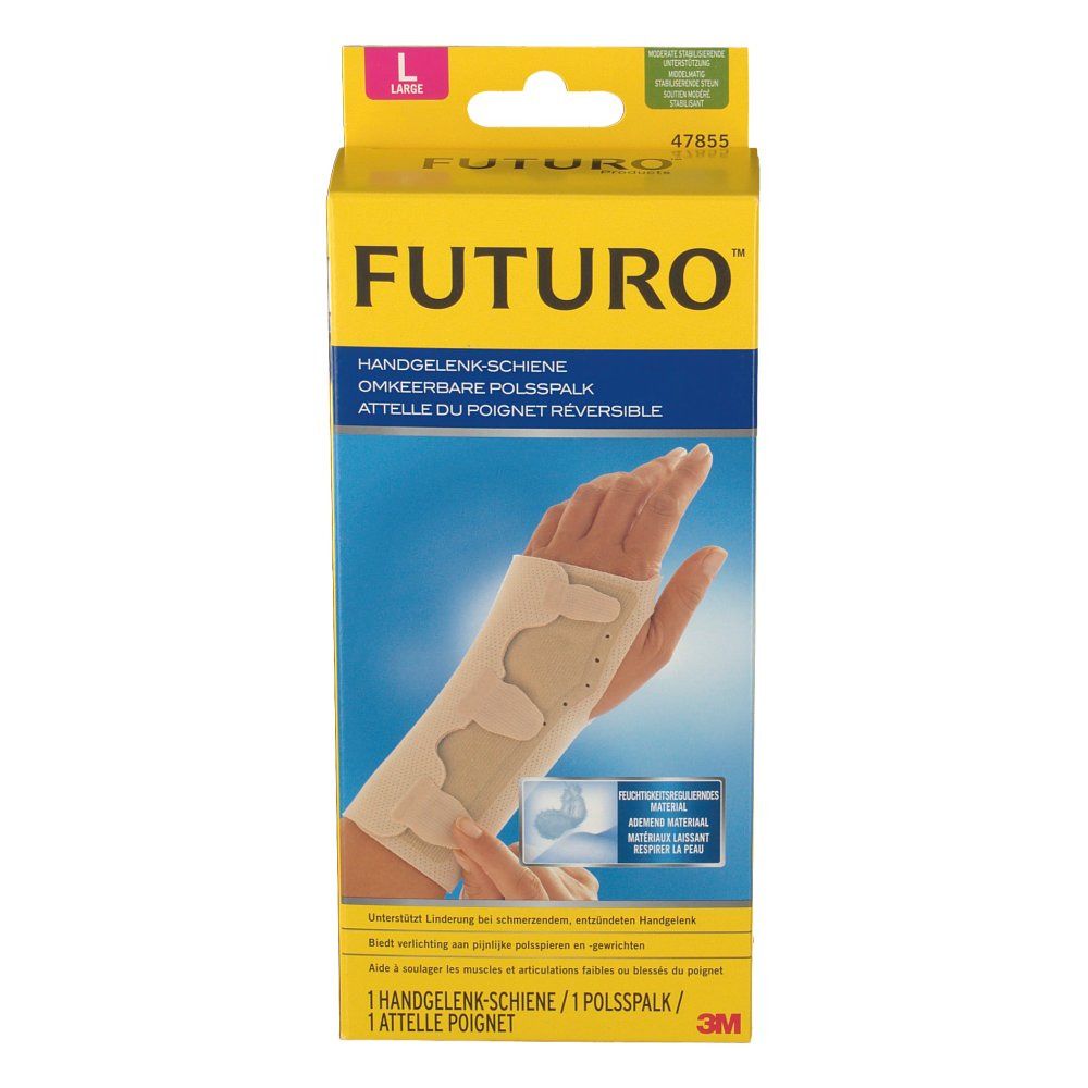 Attelle de poignet Futuro, taille L, en boîte. Attelle beige avec fermetures velcro. Illustration du produit.