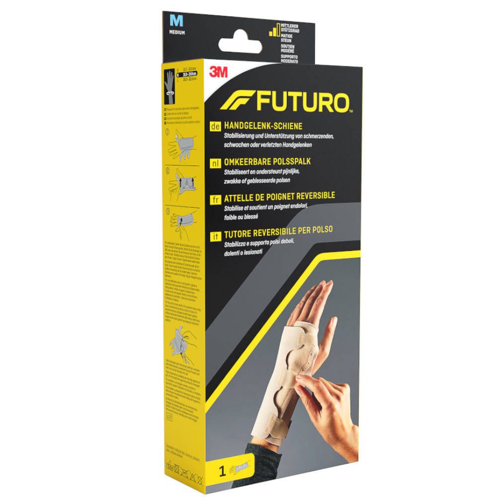 3M FUTURO omkeerbare polsspalk, Medium. Verpakking toont product en hand. Teksten in Duits, Nederlands, Frans, Italiaans.