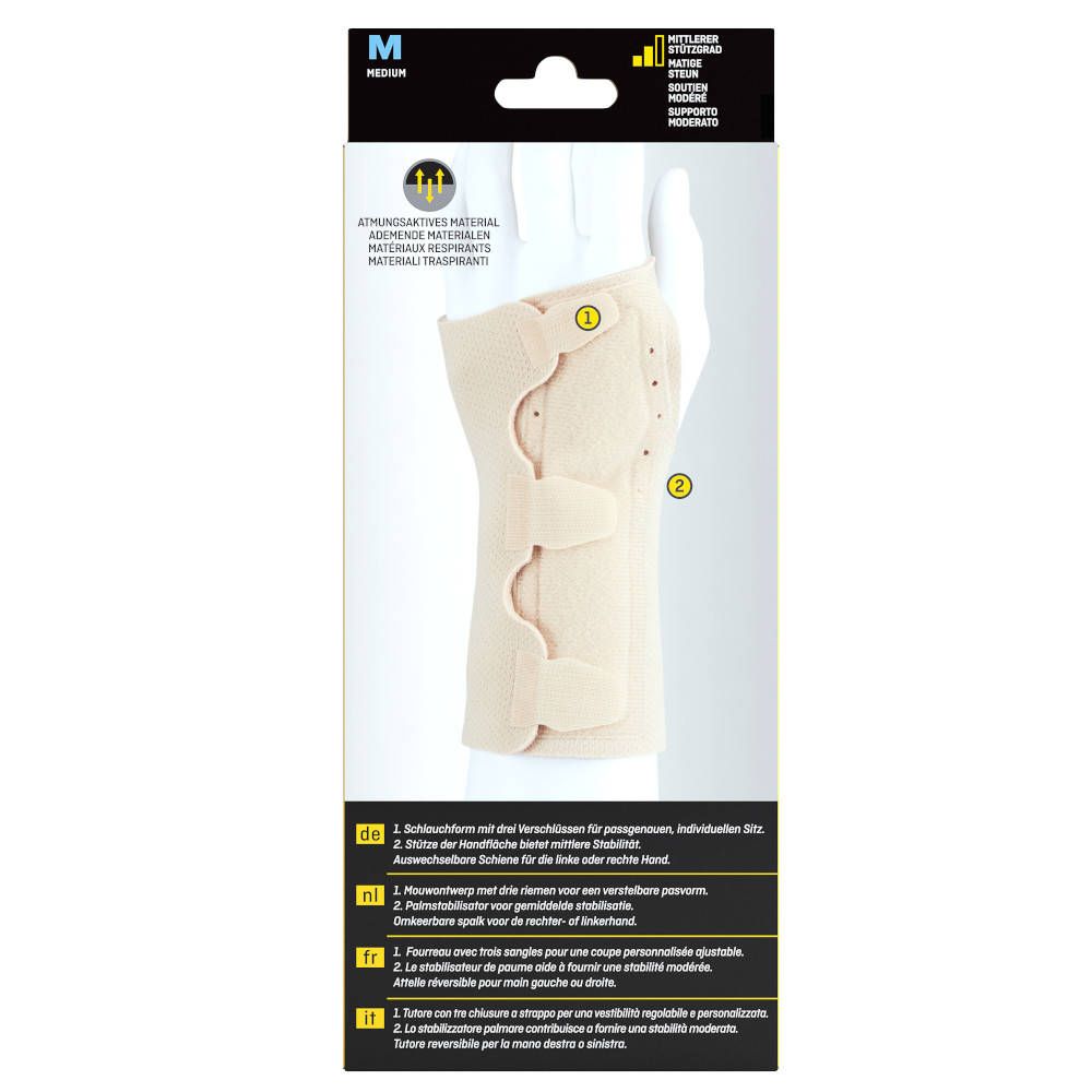Achterkant van de 3M FUTURO polsspalk, Medium. Beige, met klittenbandsluitingen. Constructiedetails en teksten in 4 talen.