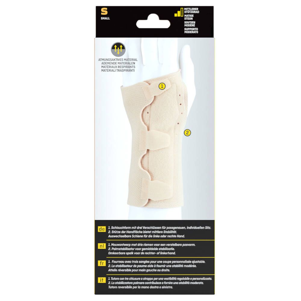 Rückseite der Handgelenkschiene. Produkt mit Klettverschlüssen. Größe S. Material atmungsaktiv. Anwendungsbeispiele.