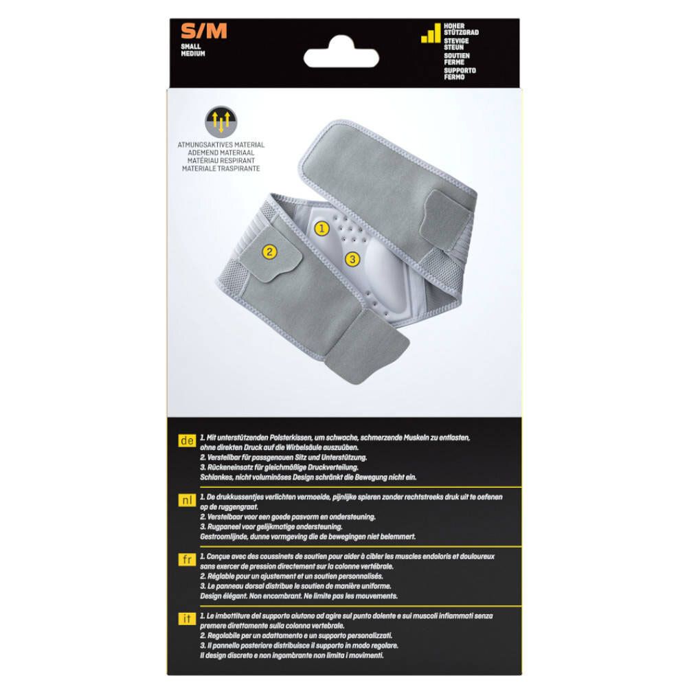 3M Futuro S/M. Bandage grise, intérieur. Matière respirante, zones numérotées, informations produit.
