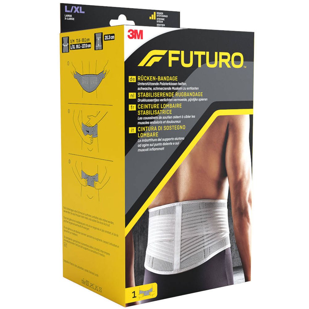 Futuro rugbandage L/XL. Verpakking met productafbeelding en gebruiksaanwijzing. 3M logo.