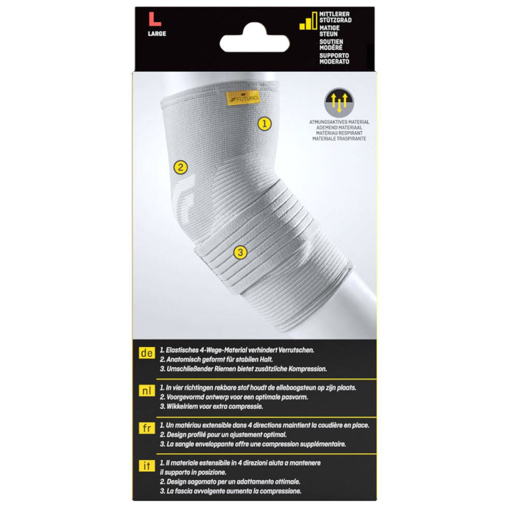 3M FUTURO Bandage de coude, taille L. Arrière de l'emballage. Caractéristiques du produit en allemand, néerlandais, français et italien.