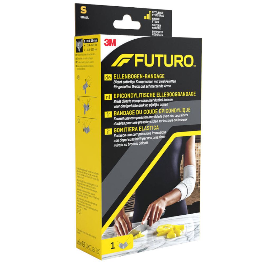 Verpackung des 3M FUTURO Ellbogenschoner. Produktname und Logo sichtbar. Größe S. Bandage am Arm abgebildet.
