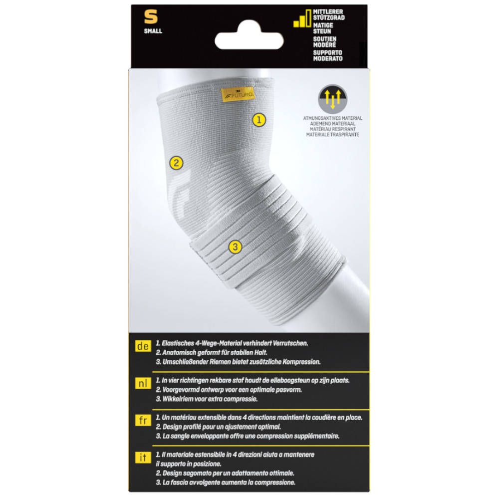 Rückseite der Verpackung des 3M FUTURO Ellbogenschoner. Produktname und Logo sichtbar. Größe S. Anatomische Form.