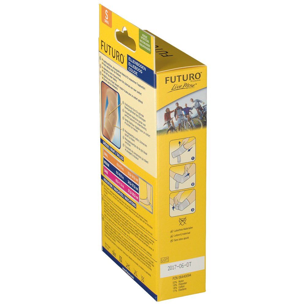 Seitenansicht der Verpackung des 3M FUTURO Ellbogenschoner. Produktname und Logo sichtbar. Größe S. Informationen zur Anwendung.