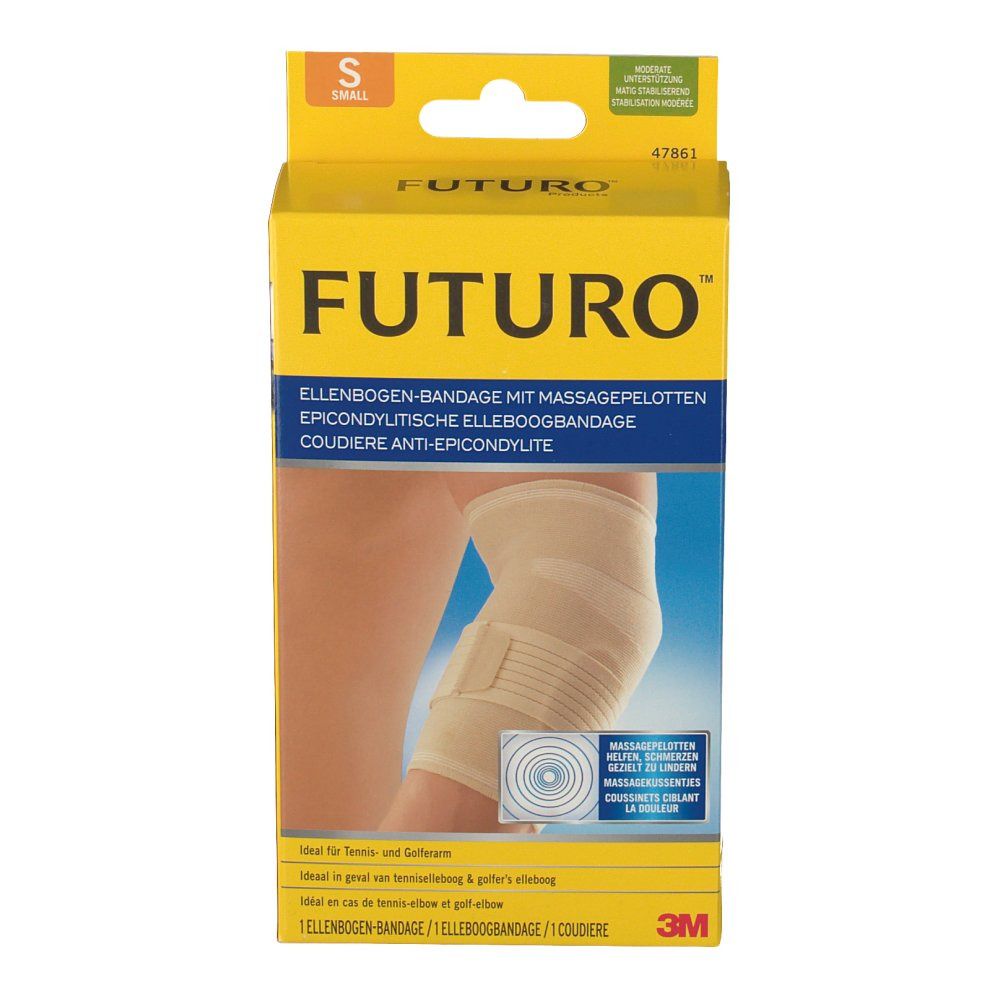 3M FUTURO Ellbogenschoner in der Verpackung. Produktname und Logo sichtbar. Größe S. Bandage am Arm abgebildet.