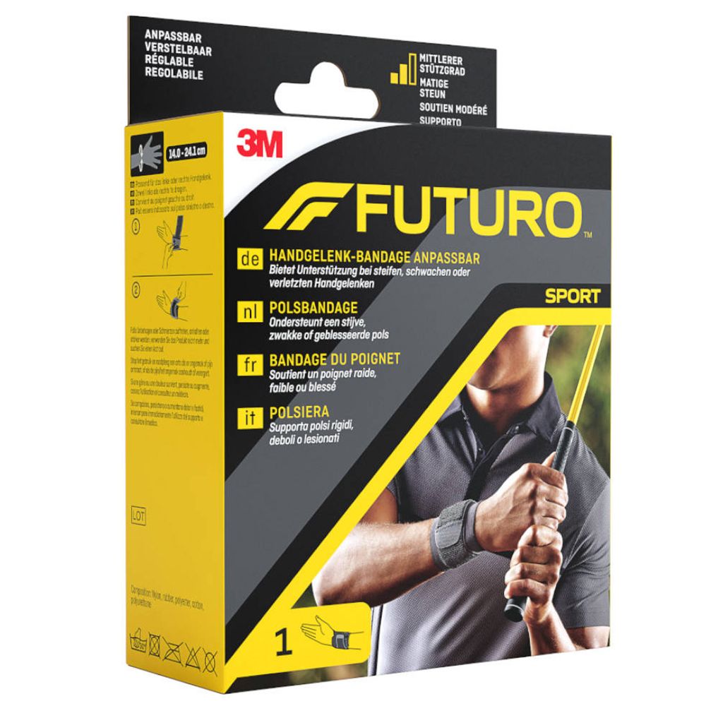 3M™ Futuro™ Sport Handgelenkbandage. Verpackung mit Produktinformationen. Größenangabe: 14-24 cm.