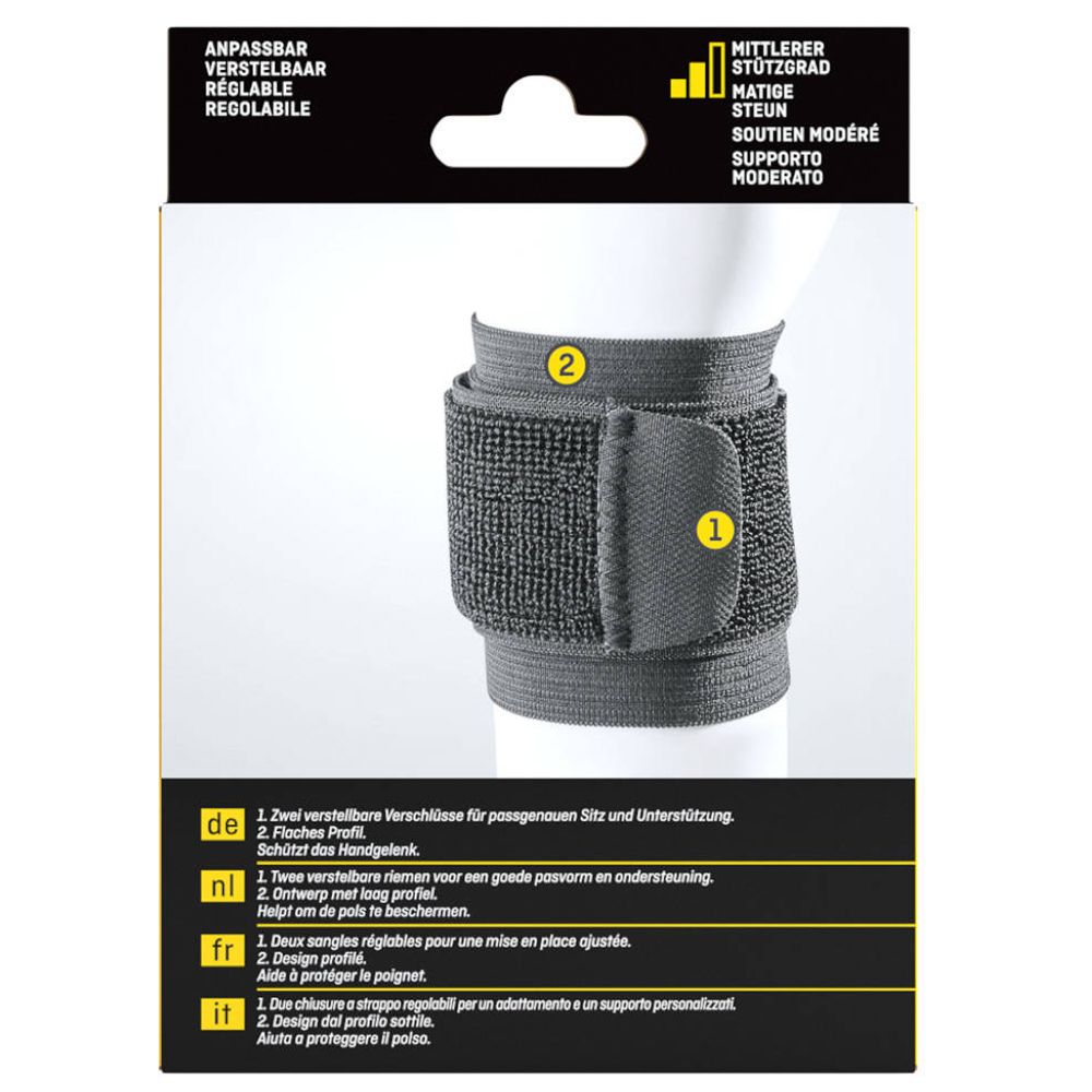 Handgelenkbandage. Zwei Klettverschlüsse. Schwarzes Material. Auf weißem Arm. Produktnummer 1 und 2.