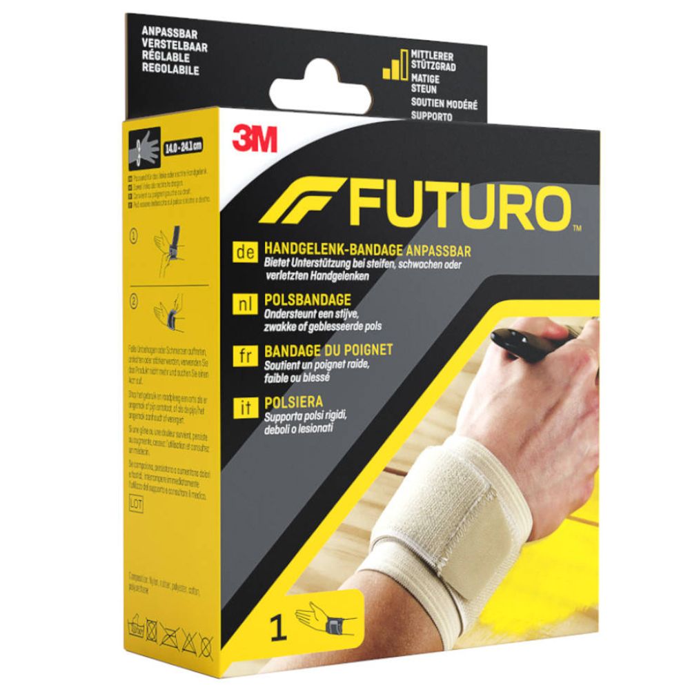 3M™ Futuro™ Handgelenkbandage. Beige, verstellbar. Verpackung mit Produktabbildung, Größenangabe und mehrsprachigen Texten.