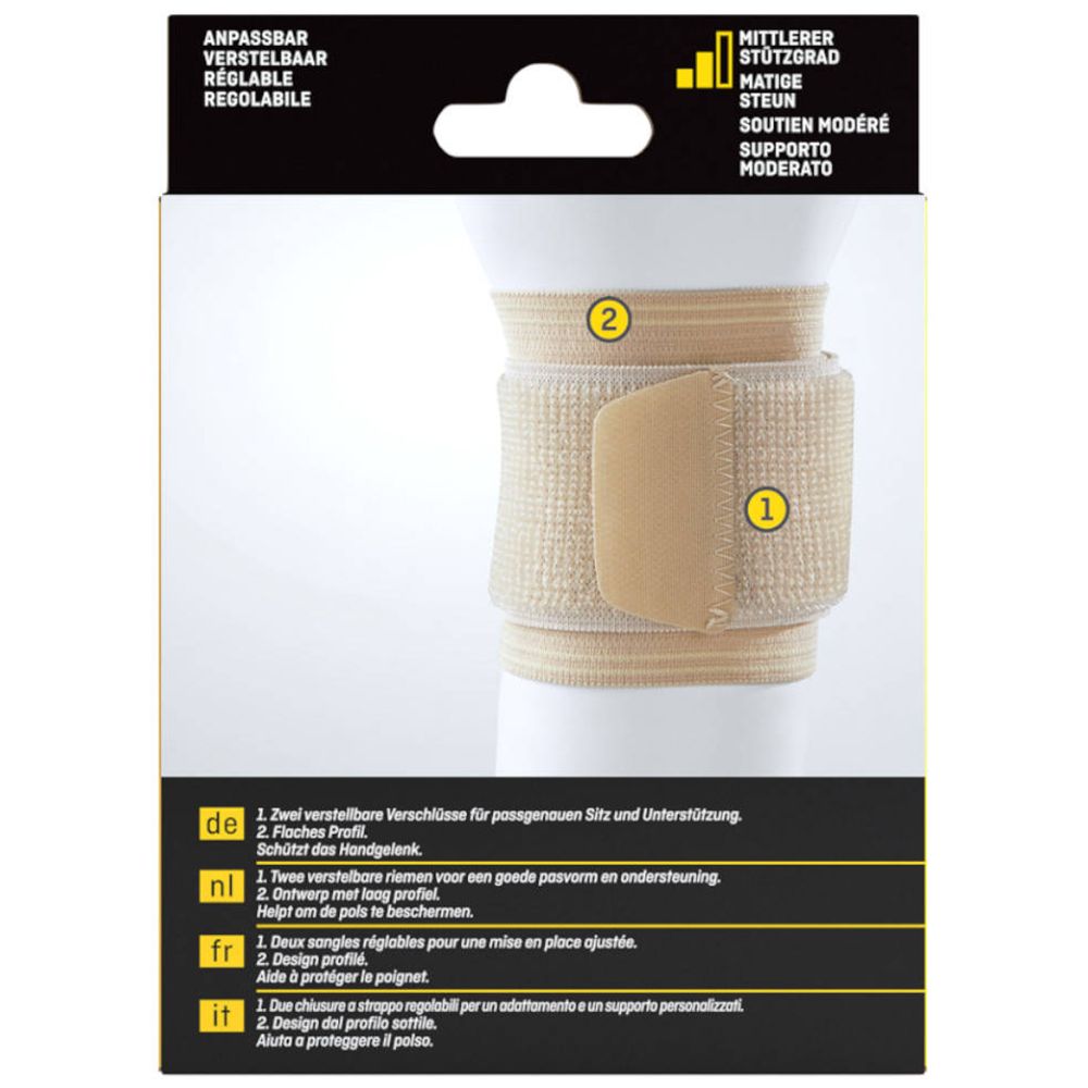 3M™ Futuro™ Handgelenkbandage. Beige, verstellbar. Rückseite der Verpackung mit Produktmerkmalen und mehrsprachigen Texten.