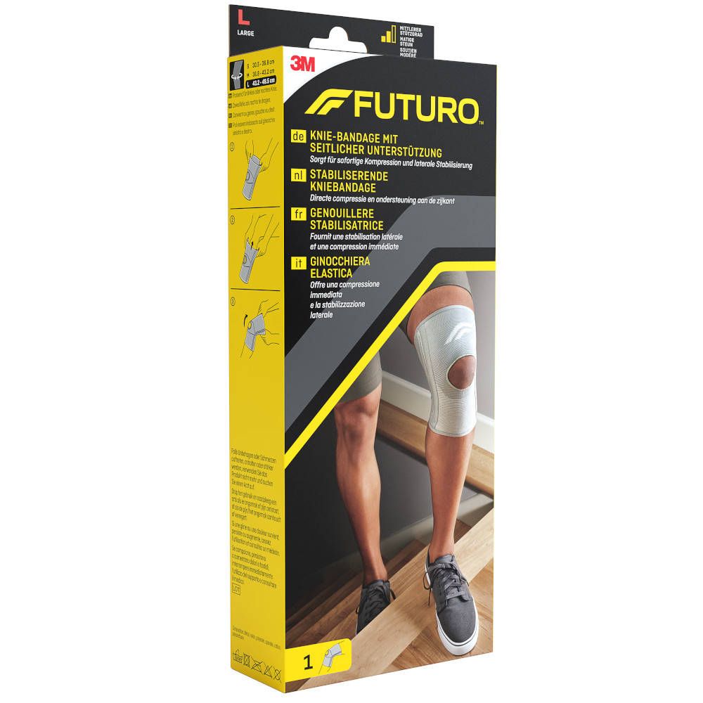 3M™ Futuro™ Sport Stabiliserende kniebandage Gr. L in verpakking. Zijdelingse ondersteuning. Productafbeelding.