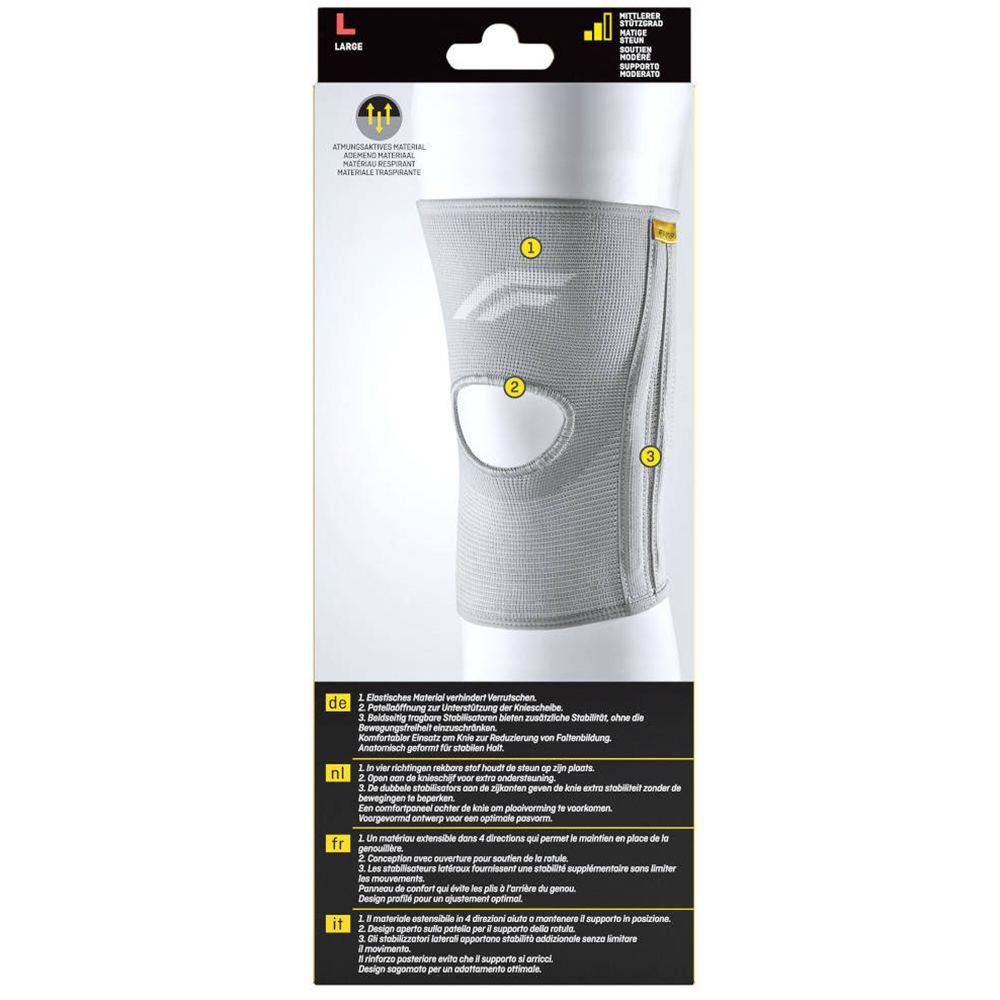 3M™ Futuro™ Sport Stabiliserende kniebandage. Grijze kniebandage met opening. Detailweergave met markeringen.