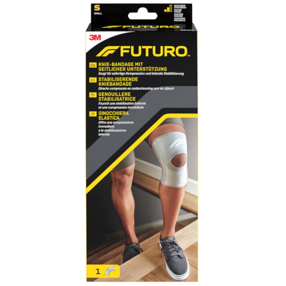 Genouillère FUTURO taille S, en boîte. La genouillère est portée. Nom et logo de la marque visibles.