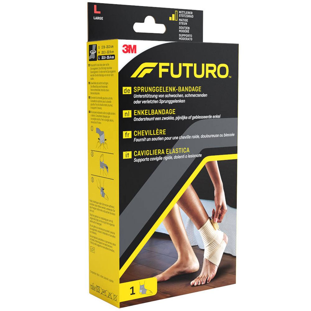 3M FUTURO Knöchelbandage, Größe L, in Verpackung. Produktname und Logo sichtbar. Bandage am Fuß abgebildet.