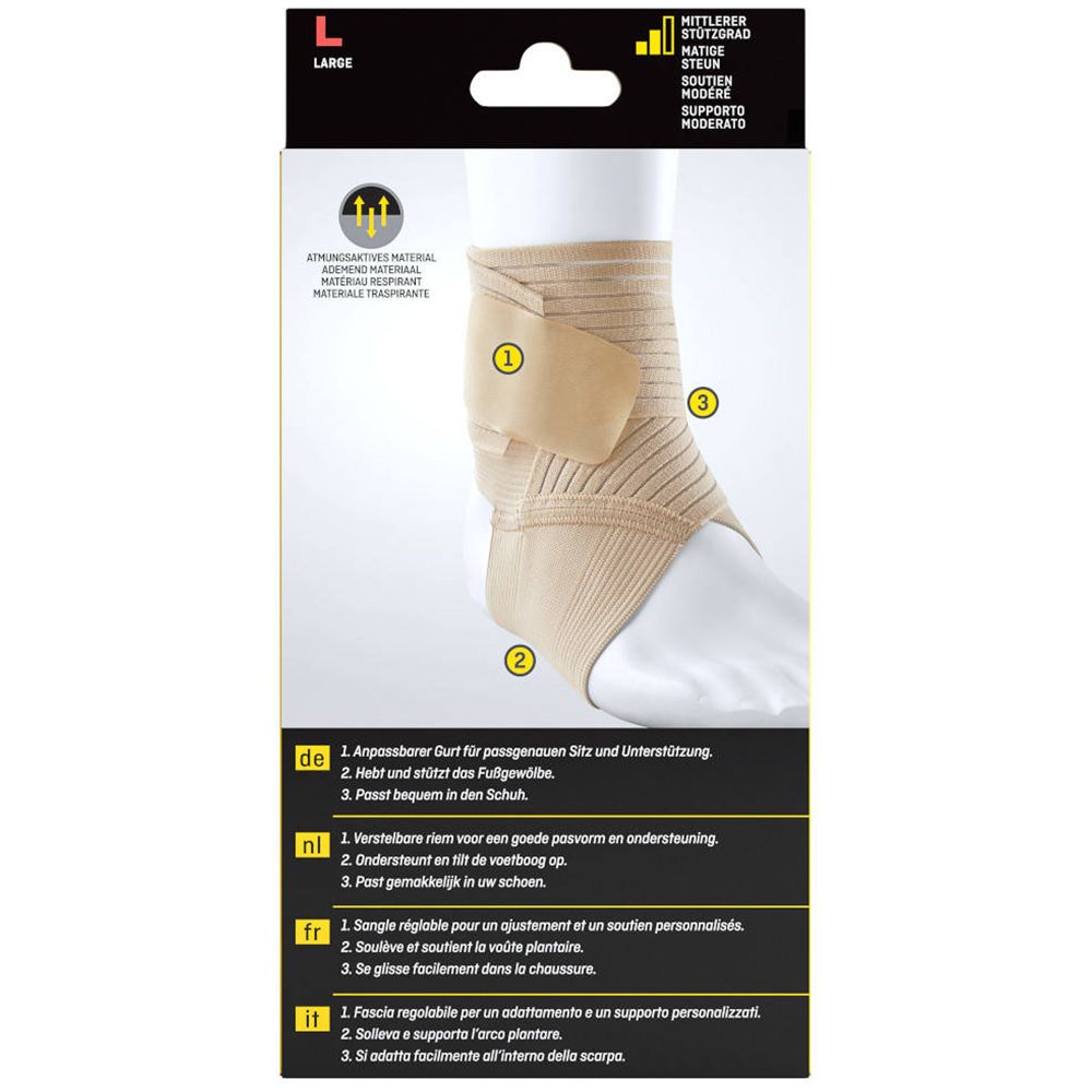 Rückseite der 3M FUTURO Knöchelbandage, Größe L. Produktname und Logo sichtbar. Bandage am Fuß abgebildet.