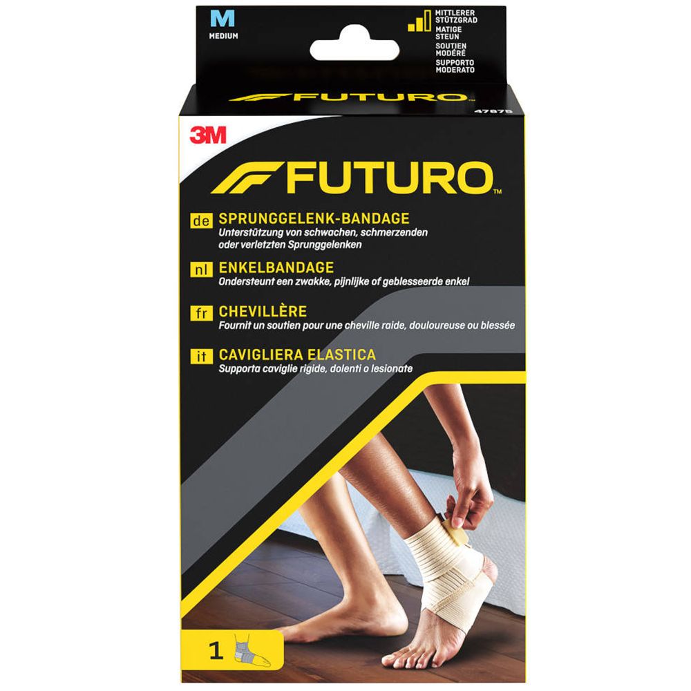 Futuro Knöchelbandage. Verpackung mit Produktabbildung und Text in Deutsch, Niederländisch, Französisch und Italienisch.